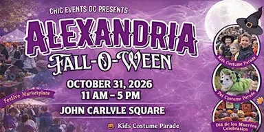 Alexandria Fall-O-Ween banner: October 31, 2026, 11am to 5pm, John Carlyle Square, with a kids costume parade, a pet costume parade and a festive marketplace