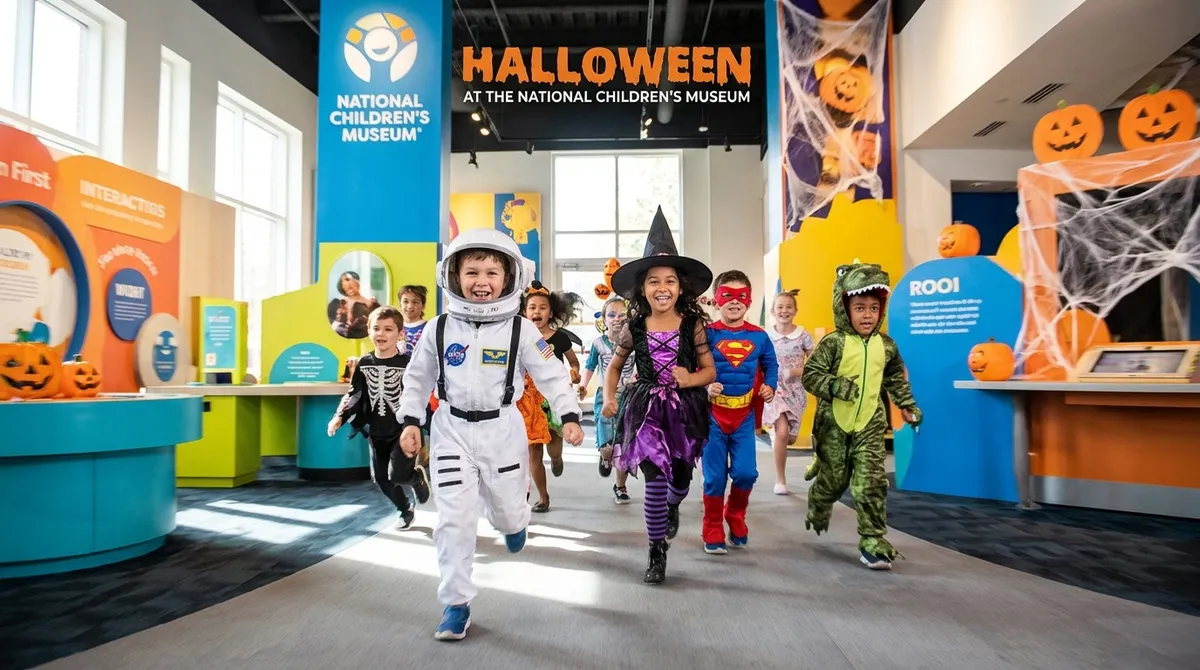 Kids in Halloween costumes, including an astronaut, a witch and a dinosaur, running through a museum hall decorated with pumpkins