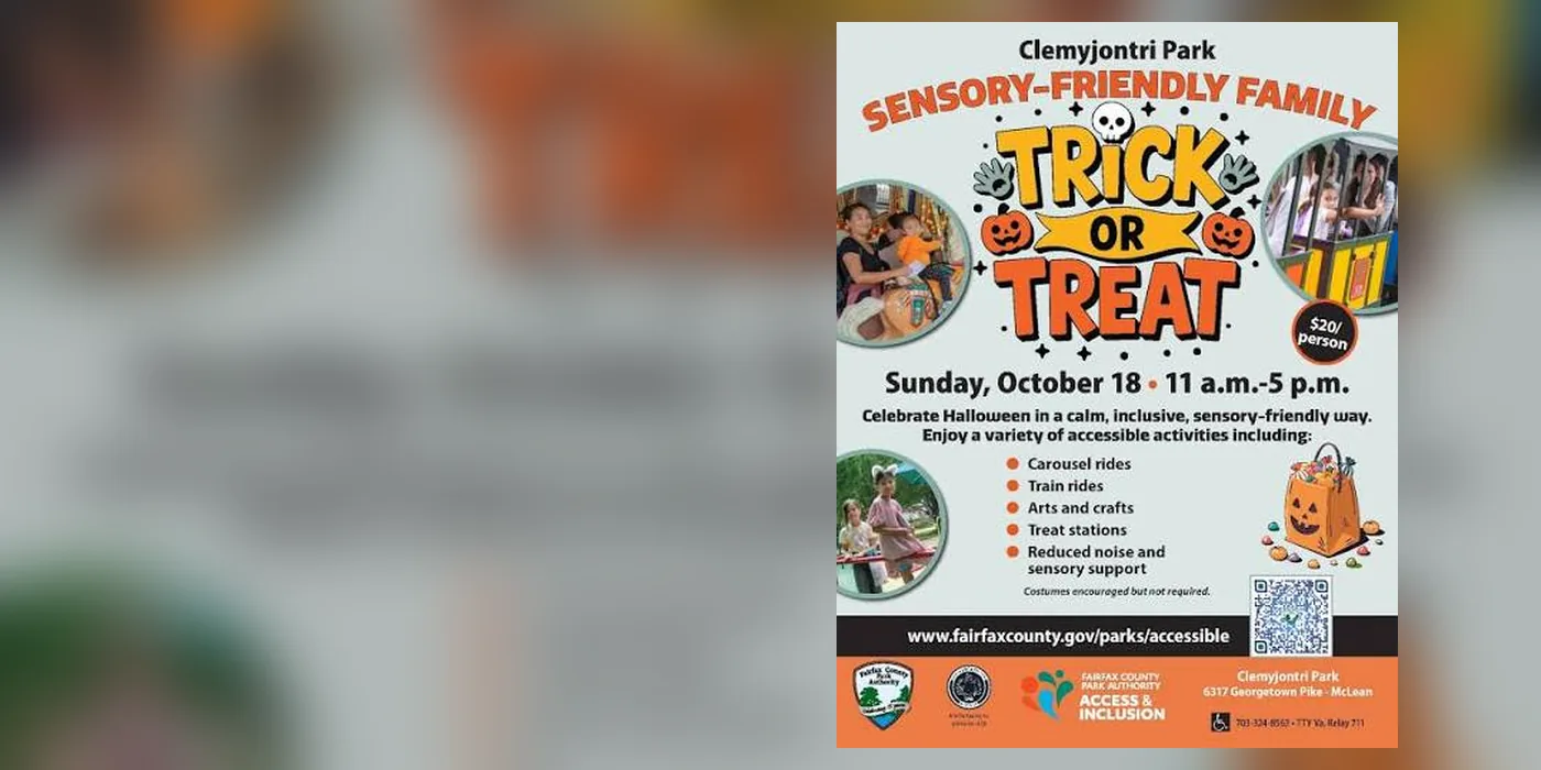 The Fairfax County flyer for the Sensory-Friendly Family Trick-or-Treat at Clemyjontri Park, Sunday, October 18, 11am to 5pm