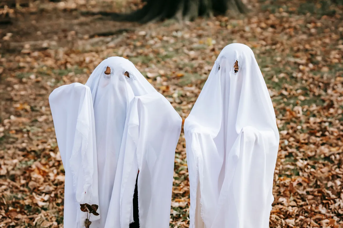 Two kids dressed as ghosts in white sheets standing in a park covered in fallen leaves