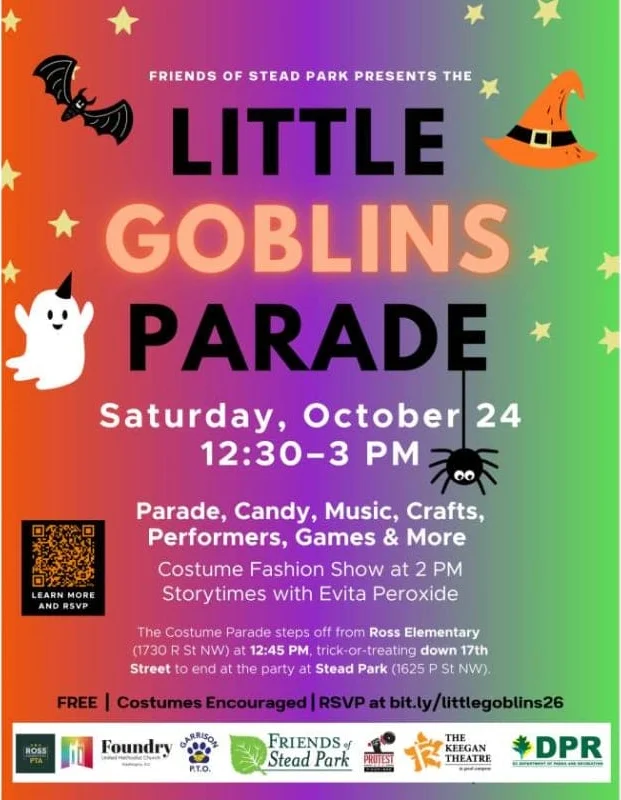 Little Goblins Parade flyer: Saturday, October 24, 12:30 to 3pm. Parade, candy, music, crafts, performers and games, a costume fashion show at 2pm and storytimes. The parade steps off from Ross Elementary at 12:45 and ends at Stead Park. Free