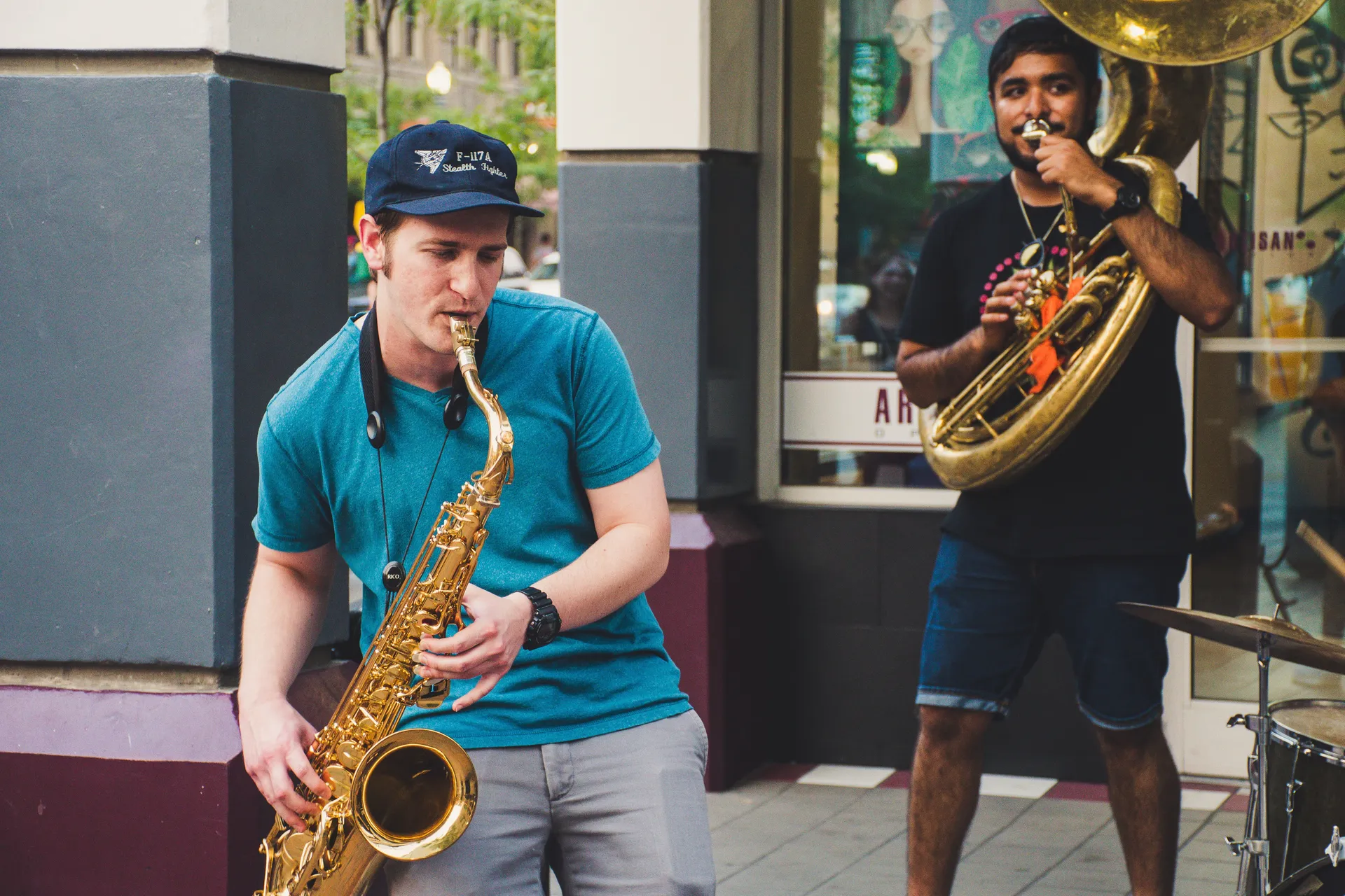 Jazz trio performing outdoors at the College Park Aviation Museum